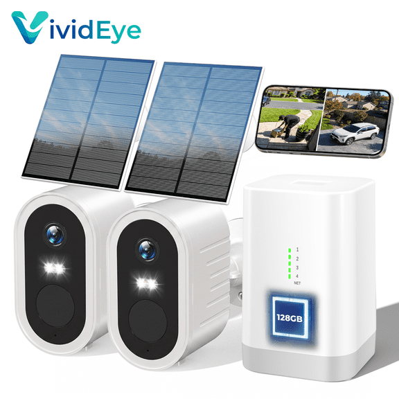 VividEye 2K Solar 2‑Camera Kit – Wireless Outdoor Security System, 128GB Local Storage, Color Night Vision, No Monthly Fees, 5G/2.4GHz WiFi, Home Surveillance