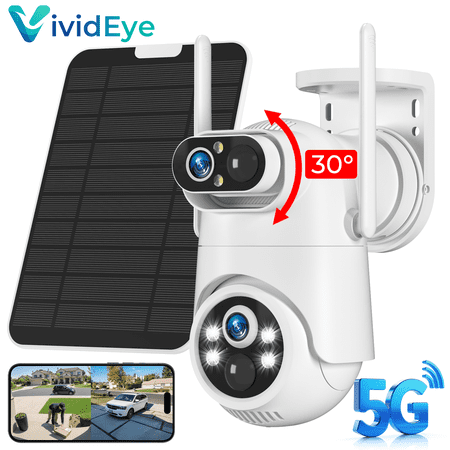 VividEye 4K Dual-Lens Solar Security Camera, 360° PTZ Surveillance security Cameras Wireless Wifi Outdoor, IP65 Waterproof PIR Detection, Full Color Night Vision, 2-Way Audio, Rechargeable Battery