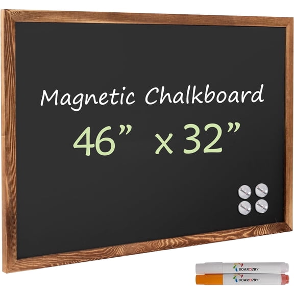 VividGreen 46" x 32" Magnetic Wall Chalkboard, Rustic Wood Frame, Brown
