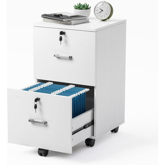 VividVibes 2 Drawer File Cabinet with Lock, Wood Grain White File Cabinet for Letter Size File Folders with Tabs, Mobile Under Desk File Cabinets for Home Office, Rolling Filing Cabinet Printer Stand
