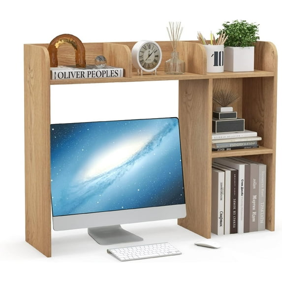 VividVibes Desktop Bookshelf, Wood Desk Hutch Organizer for 27 Inch Computer Monitor, Countertop Storage Display Rack with 5 Shelves, Multipurpose Desktop Shelf Bookcase for Dorm Office Home, Natural