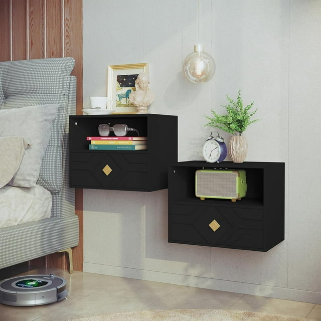 VividVibes  Floating Nightstand Set of 2 with Drawer, Modern Small Bedside End Table with Decorative Embossed Pattern, Black Floating Night Stands for Bedroom, Wood Wall Mounted Shelves with Storage