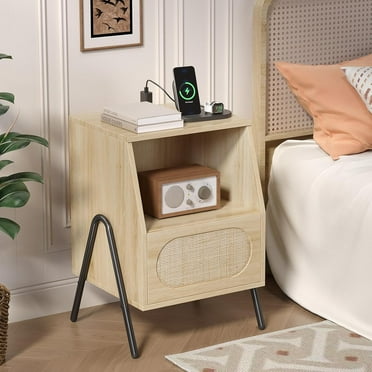 VividVibes Rattan Nightstand with Charging Station, 17.56" W Wood Nightstand with Drawers, Boho End Table Bedroom, Light Wood Night Stand Oak,  Bed Side Table, 17.56" W x 15.75" D x 23.46" H