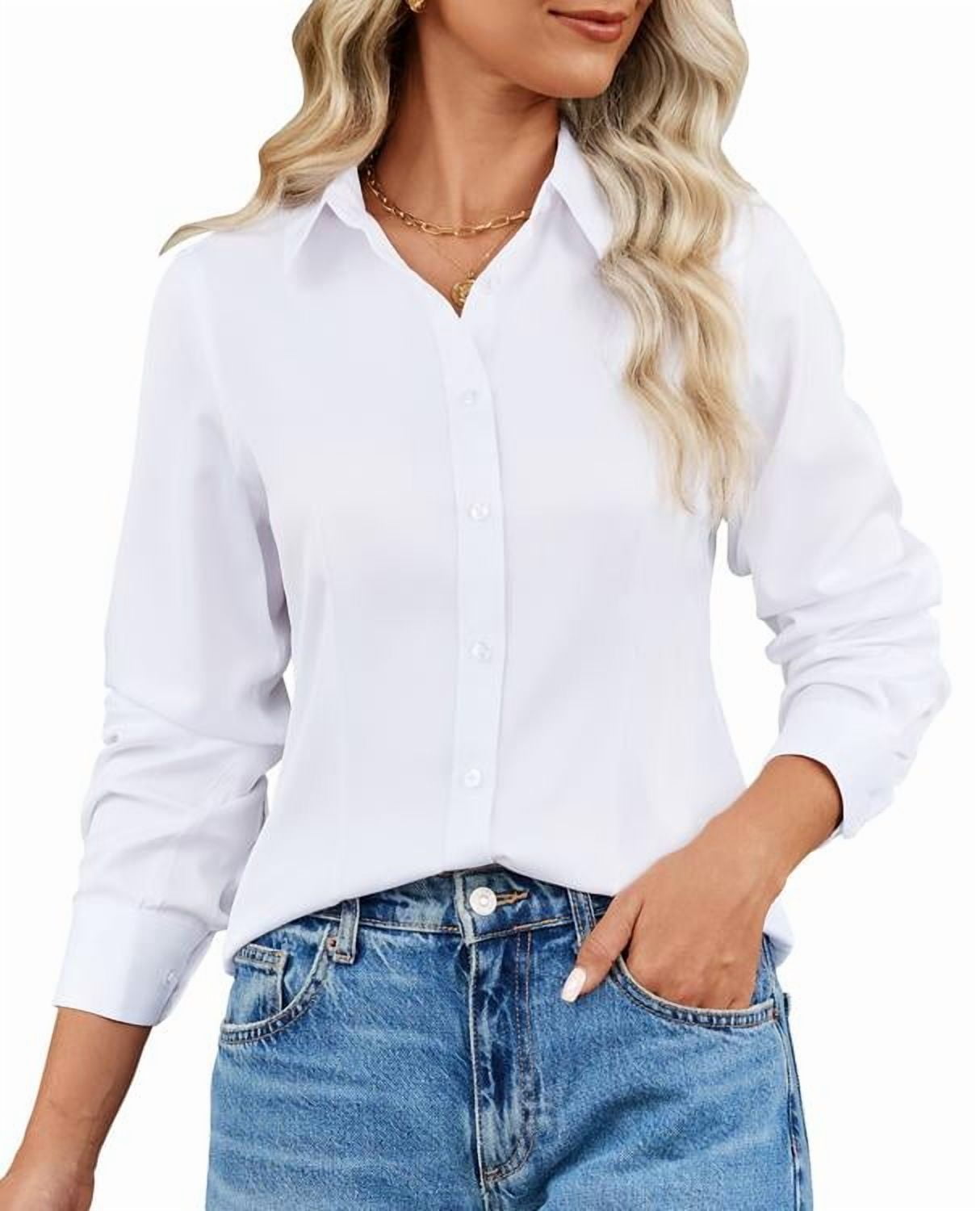 Vividaire Stain Resistant Button Down Shirts for Women Collared Long Sleeve Wrinkle Free Blouse Fitted Office Tops