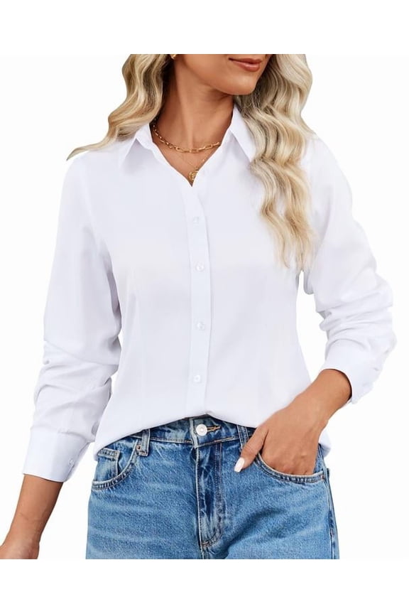 Stain Resistant Button Down Shirts for Women Collared Long Sleeve Wrinkle Free Blouse Fitted Office Tops