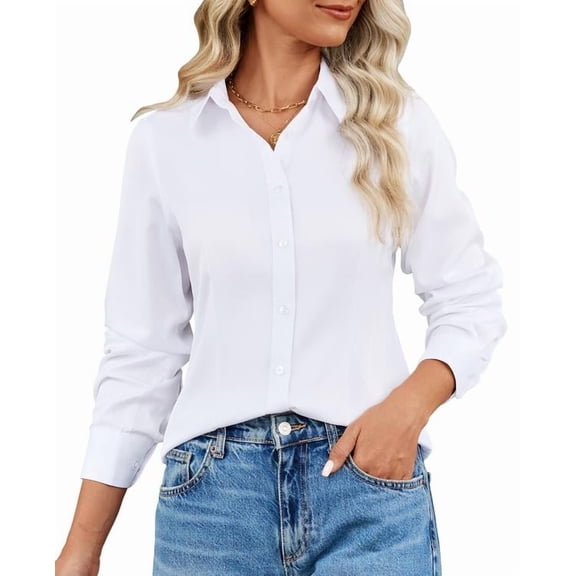 Vividaire Stain Resistant Button Down Shirts for Women Collared Long Sleeve Wrinkle Free Blouse Fitted Office Tops