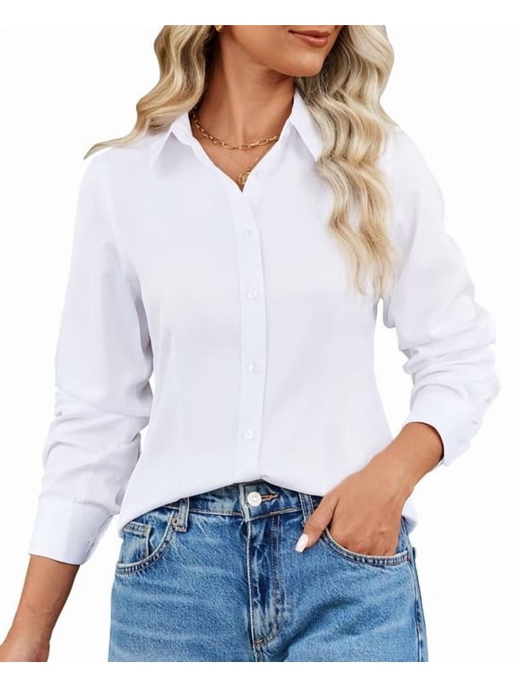 Stain Resistant Button Down Shirts for Women Collared Long Sleeve Wrinkle Free Blouse Fitted Office Tops