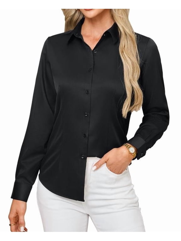 Women's Wrinkle Free Long Sleeve Button Down Shirt Stain Resistant Business Dress Blouse Office Work Tops