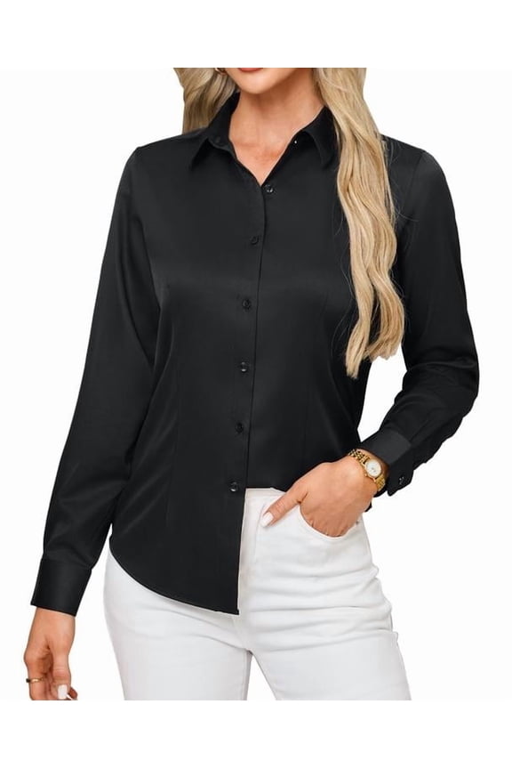 Women's Wrinkle Free Long Sleeve Button Down Shirt Stain Resistant Business Dress Blouse Office Work Tops