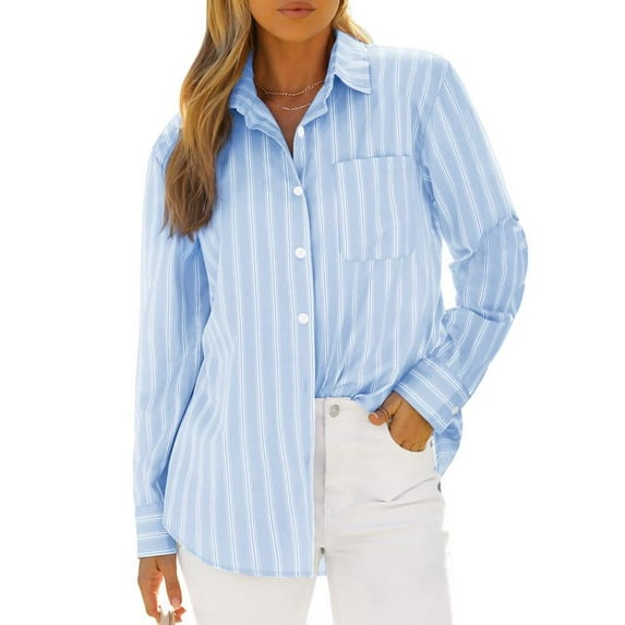 Vividaire Button Down Shirts for Women Long Sleeve Collared Striped Work Business Casual Office Blouses Tops with Pocket