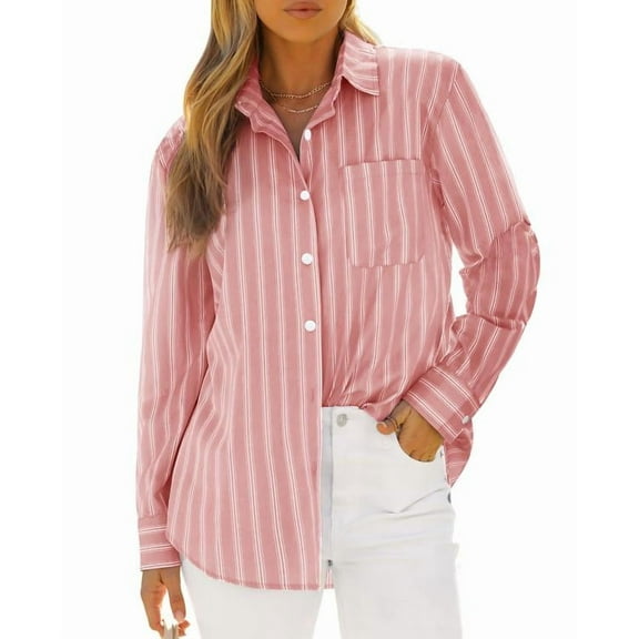 Vividaire Button Down Shirts for Women Long Sleeve Collared Striped Work Business Casual Office Blouses Tops with Pocket
