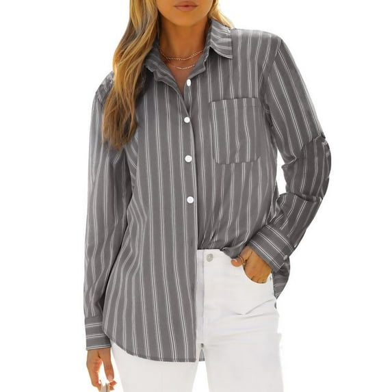 Vividaire Button Down Shirts for Women Long Sleeve Collared Striped Work Business Casual Office Blouses Tops with Pocket