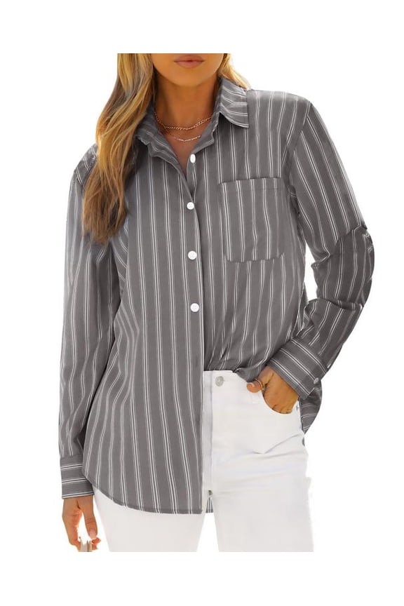 Button Down Shirts for Women Long Sleeve Collared Striped Work Business Casual Office Blouses Tops with Pocket