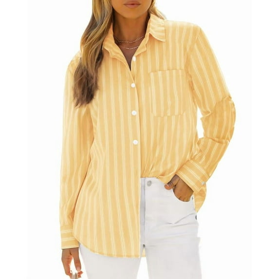 Vividaire Button Down Shirts for Women Long Sleeve Collared Striped Work Business Casual Office Blouses Tops with Pocket