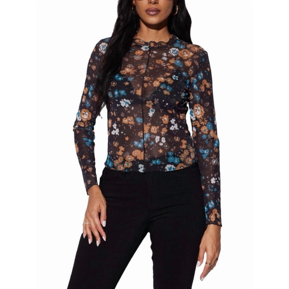 Vividaire Women's Party Mesh Top Long Sleeve See-Through Blouse with Floral Lace