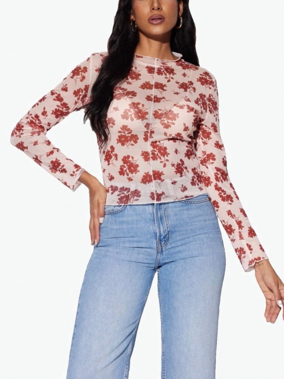 Women's Party Mesh Top Long Sleeve See-Through Blouse with Floral Lace