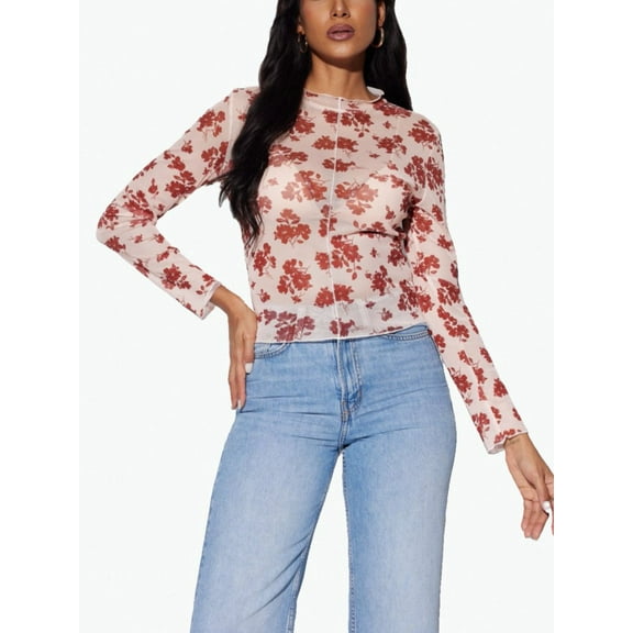 Vividaire Women's Party Mesh Top Long Sleeve See-Through Blouse with Floral Lace
