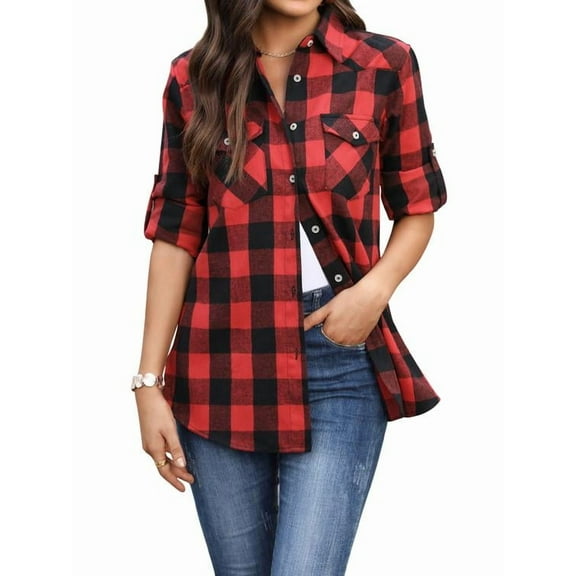 Vividaire Womens Flannel Shirt Plaid Shirts Long Sleeve Casual Button Down Collared Blouse Tops