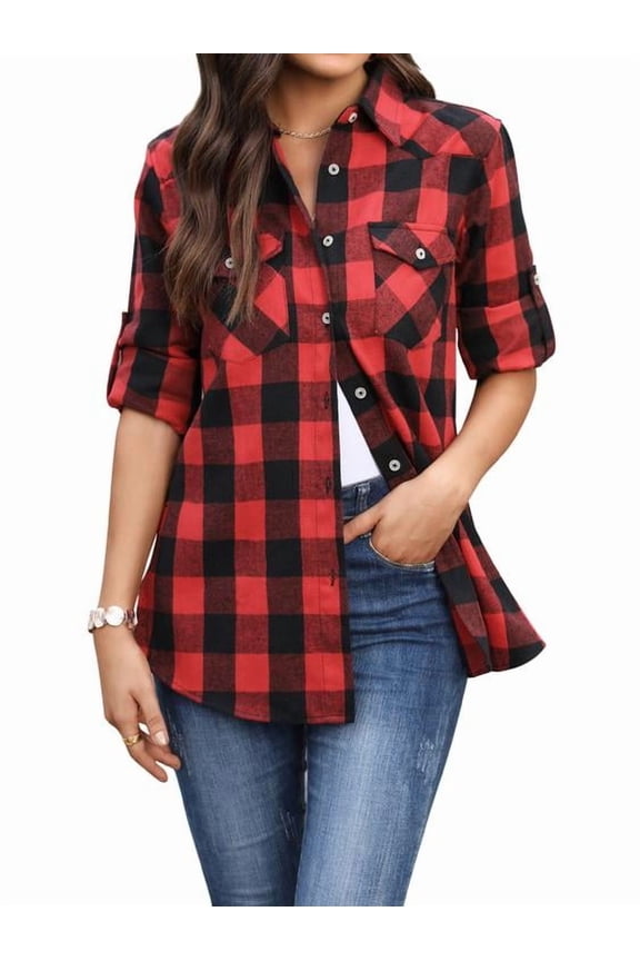 Womens Flannel Shirt Plaid Shirts Long Sleeve Casual Button Down Collared Blouse Tops