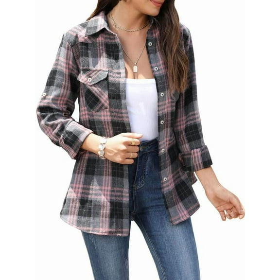Vividaire Womens Flannel Shirt Plaid Shirts Long Sleeve Casual Button Down Collared Blouse Tops
