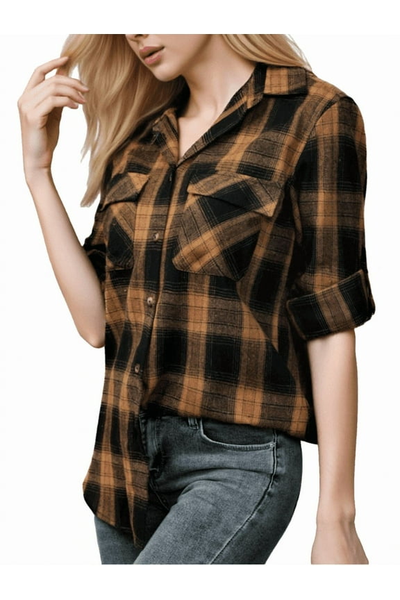 Womens Flannel Shirt Plaid Shirts Long Sleeve Casual Button Down Collared Blouse Tops