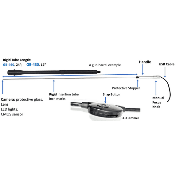 Vividia GB-460 USB Digital Manual Focus Borescope with 4mm (0.158") Diameter and 24" (60 cm) Long Insertion Tube