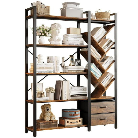 Vividwood 5-Tier Industrial Bookshelf with Tree Display Shelves and Fabric Drawers, Metal Bookcase for Living Room or Home Office