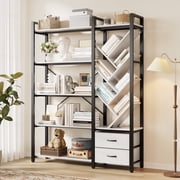 Vividwood 5-Tier Industrial Bookshelf with Tree Display Shelves and Fabric Drawers, Metal Bookcase for Living Room or Home Office