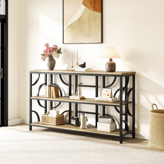 Vividwood 55'' Industrial Sofa Table, 3-Tier Storage Console Table with Unique Geometric Design, Behind Couch Accent Table for Entryway, Living Room, Foyer, Hallway, Office - Rustic Brown