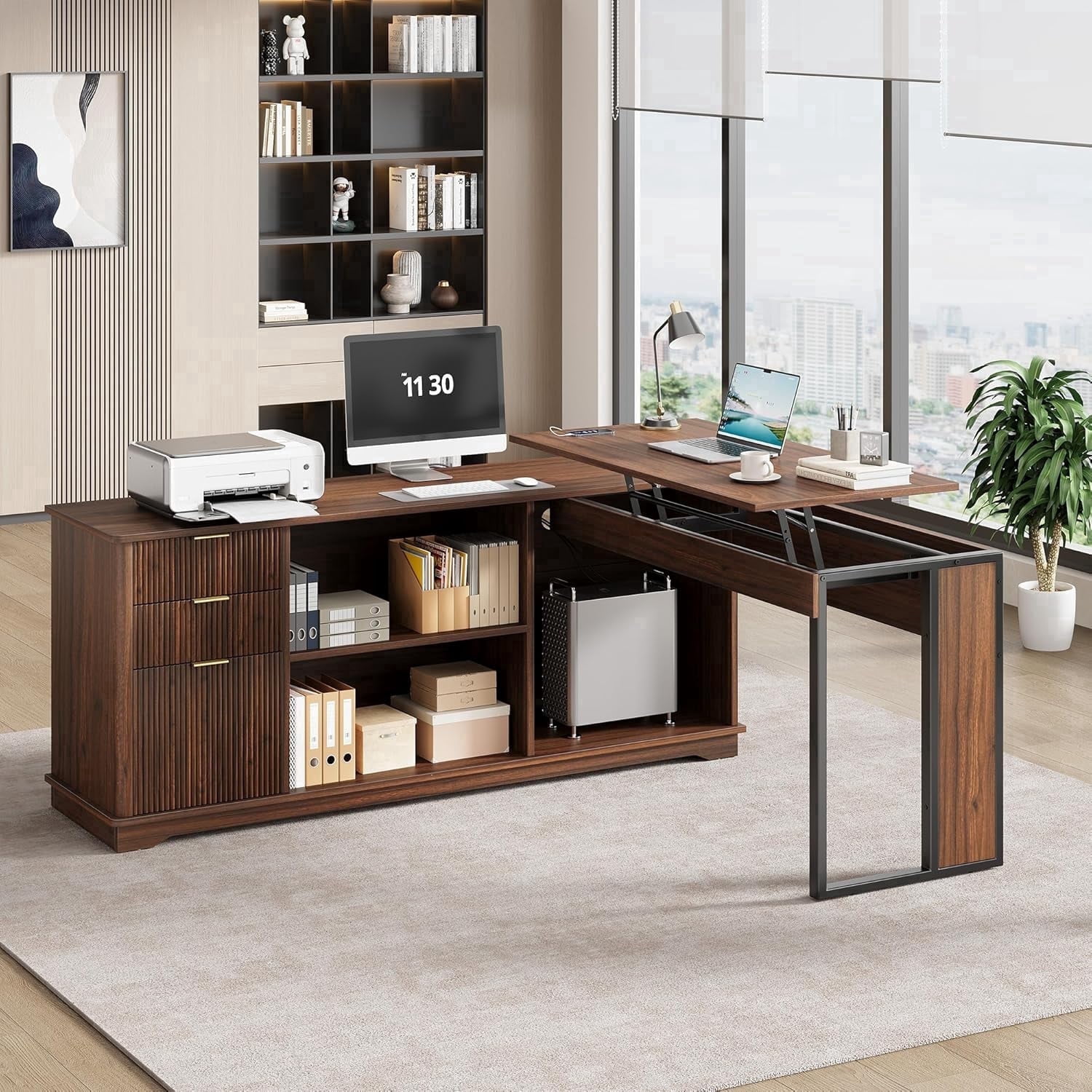 Vividwood 63" L Shaped Desk with Lift Top, Power Outlets, 3 Fluted Design Drawers, Storage Shelves, CPU Stand for Home Office (Dark Walnut)