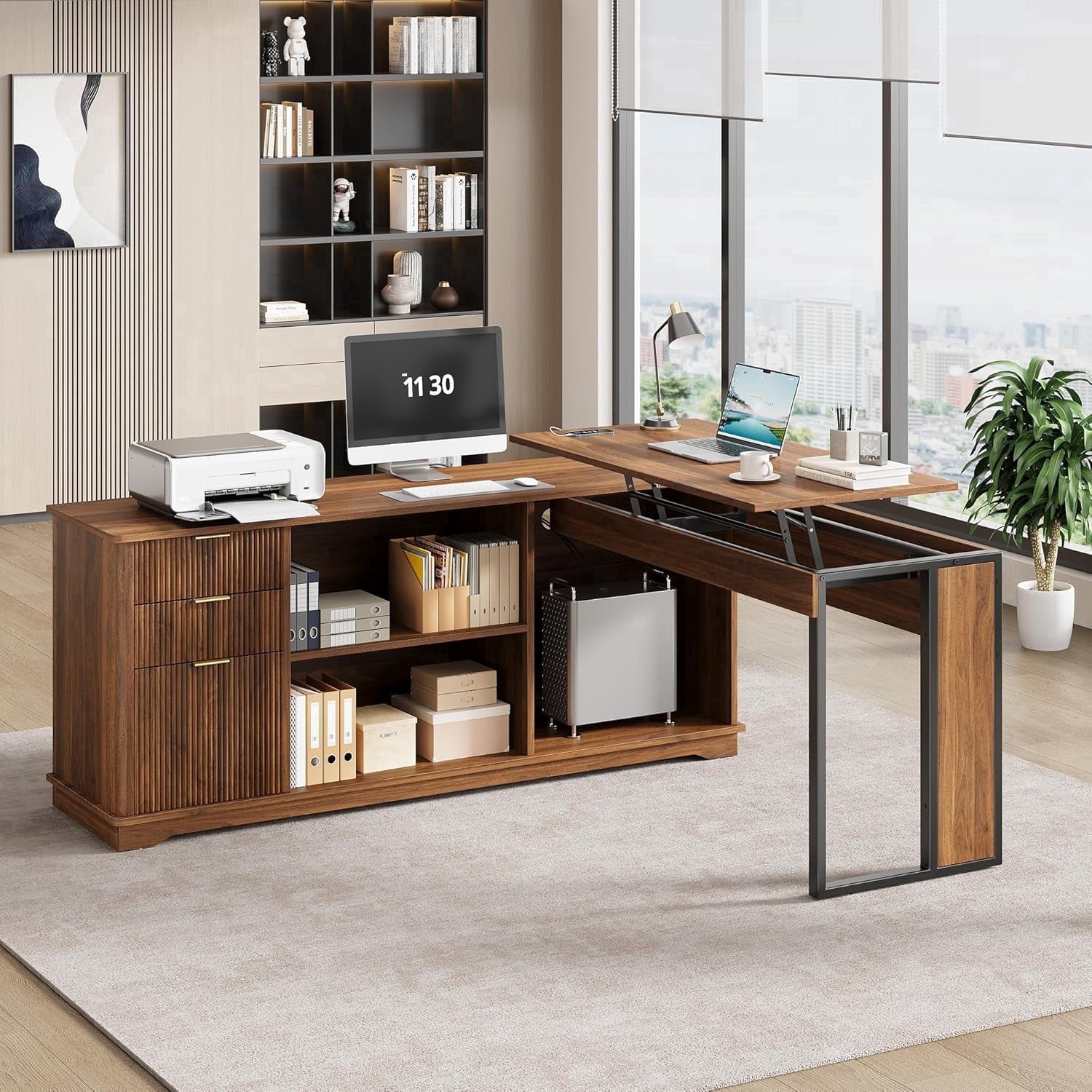 Vividwood 63" L Shaped Desk with Lift Top, Power Outlets, 3 Fluted Design Drawers, Storage Shelves, CPU Stand for Home Office (Light Walnut)