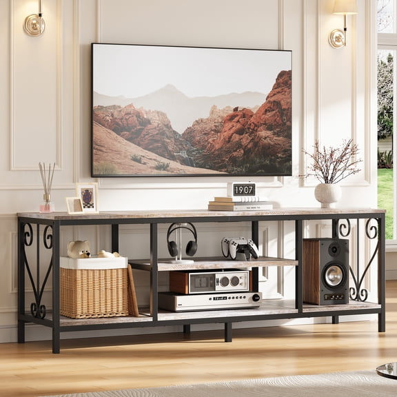 Vividwood 65-Inch TV Stand, Rustic Brown Entertainment Center with 3-Tier Open Storage, S-Shaped Frame, Soundbar Shelf, and 6-Leg Support-Grey