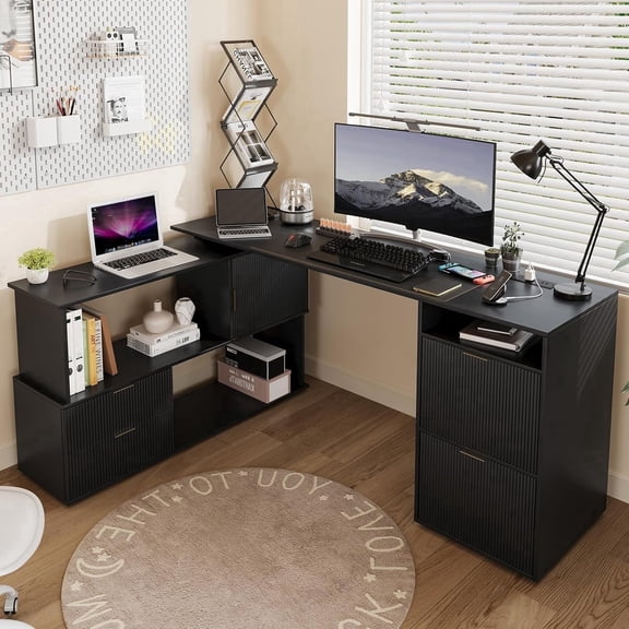 Vividwood 65" L Shaped Standing Desk, 180° Rotatable Corner Desk with Adjustable File Drawer and Power Outlets, Home Office Computer Desk with Storage