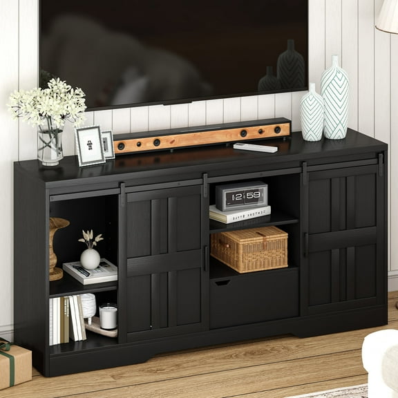 Vividwood 70-Inch Farmhouse TV Stand, Black Entertainment Center with Adjustable Shelves, Sliding Barn Doors, Drawer & Cable Management for Living Room or Bedroom-Black