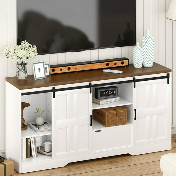 Vividwood 70-Inch Farmhouse TV Stand, Black Entertainment Center with Adjustable Shelves, Sliding Barn Doors, Drawer & Cable Management for Living Room or Bedroom-White