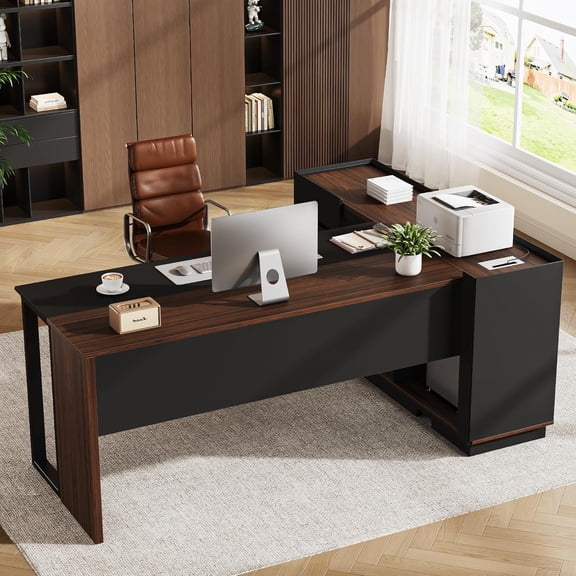 Vividwood 70" L-Shaped Executive Desk with Cabinet Storage, 3 Drawers, Storage Shelves, CPU Stand