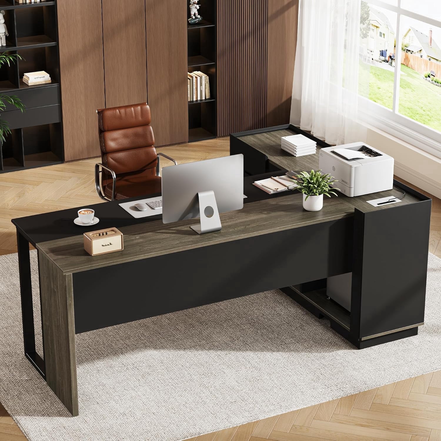 Vividwood 70" L-Shaped Executive Desk with Cabinet Storage, 3 Drawers, Storage Shelves, CPU Stand