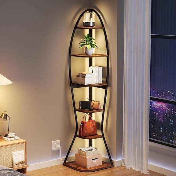 Vividwood Artistic Fish-Inspired Corner Shelf with LED Lights, 6-Tier Tall Corner Bookshelf with Multi-Depth Display, Space-Saving Storage Unit with Remote Control for Bedroom & Living Room