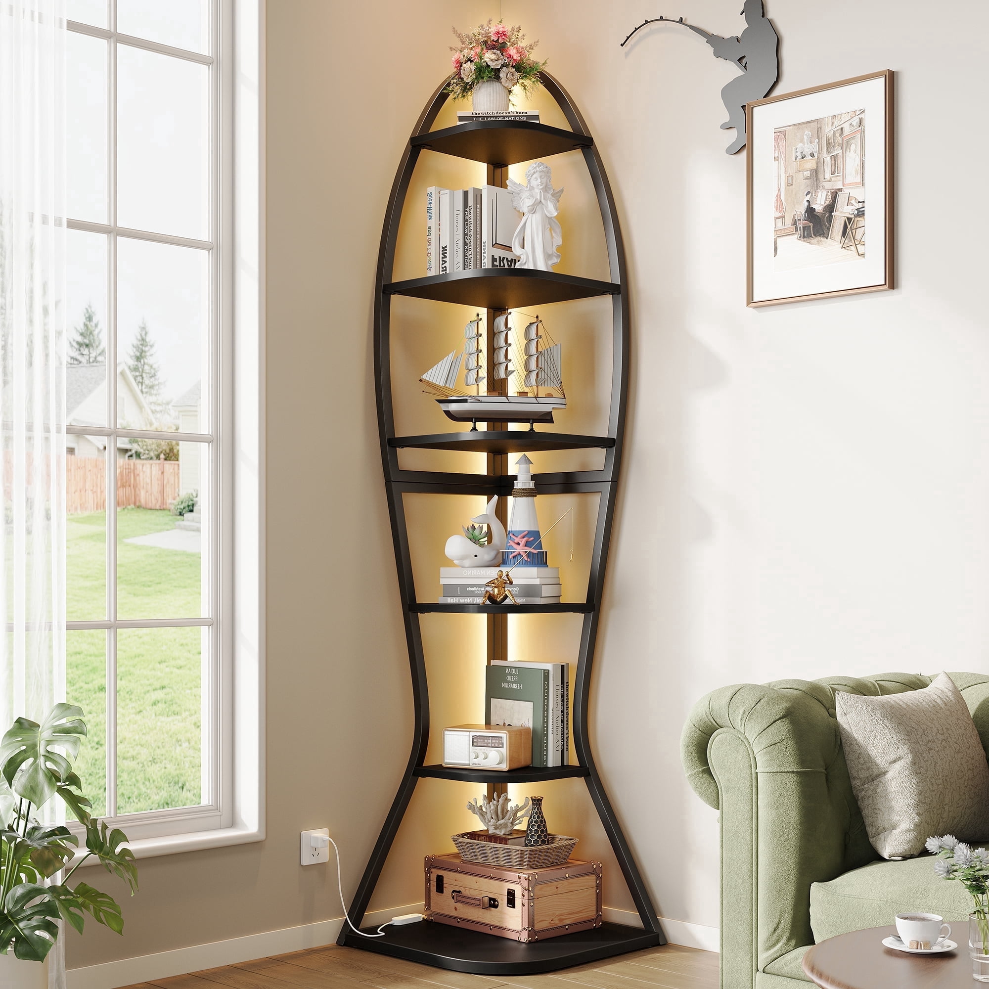 Vividwood Artistic Fish-Inspired Corner Shelf with LED Lights, 6-Tier Tall Corner Bookshelf with Multi-Depth Display, Vividwood Space-Saving Storage Unit with Remote Control for Bedroom & Living Room
