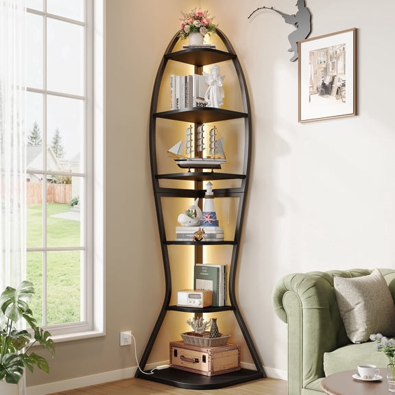 Vividwood Artistic Fish-Inspired Corner Shelf with LED Lights, 6-Tier Tall Corner Bookshelf with Multi-Depth Display, Vividwood Space-Saving Storage Unit with Remote Control for Bedroom & Living Room