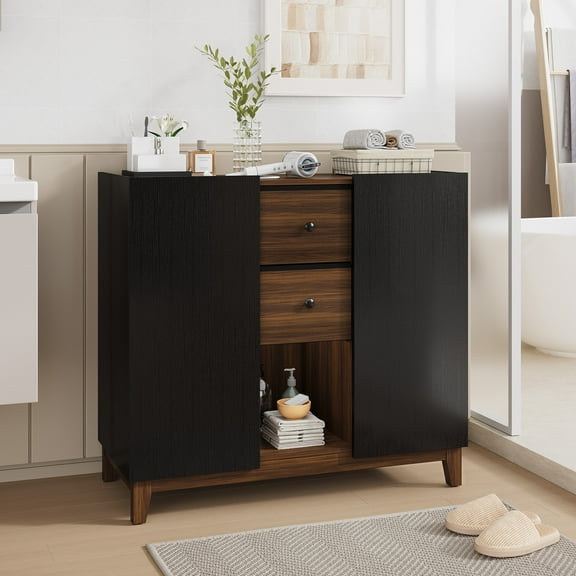 Vividwood Bathroom Storage Cabinets with Drawers and Doors, Kitchen Storage Cabinet with Adjustable Shelf, Floor Sideboard Buffet Cabinet for Living Room, Kitchen, Hallway, Dining Room, Black Walnut