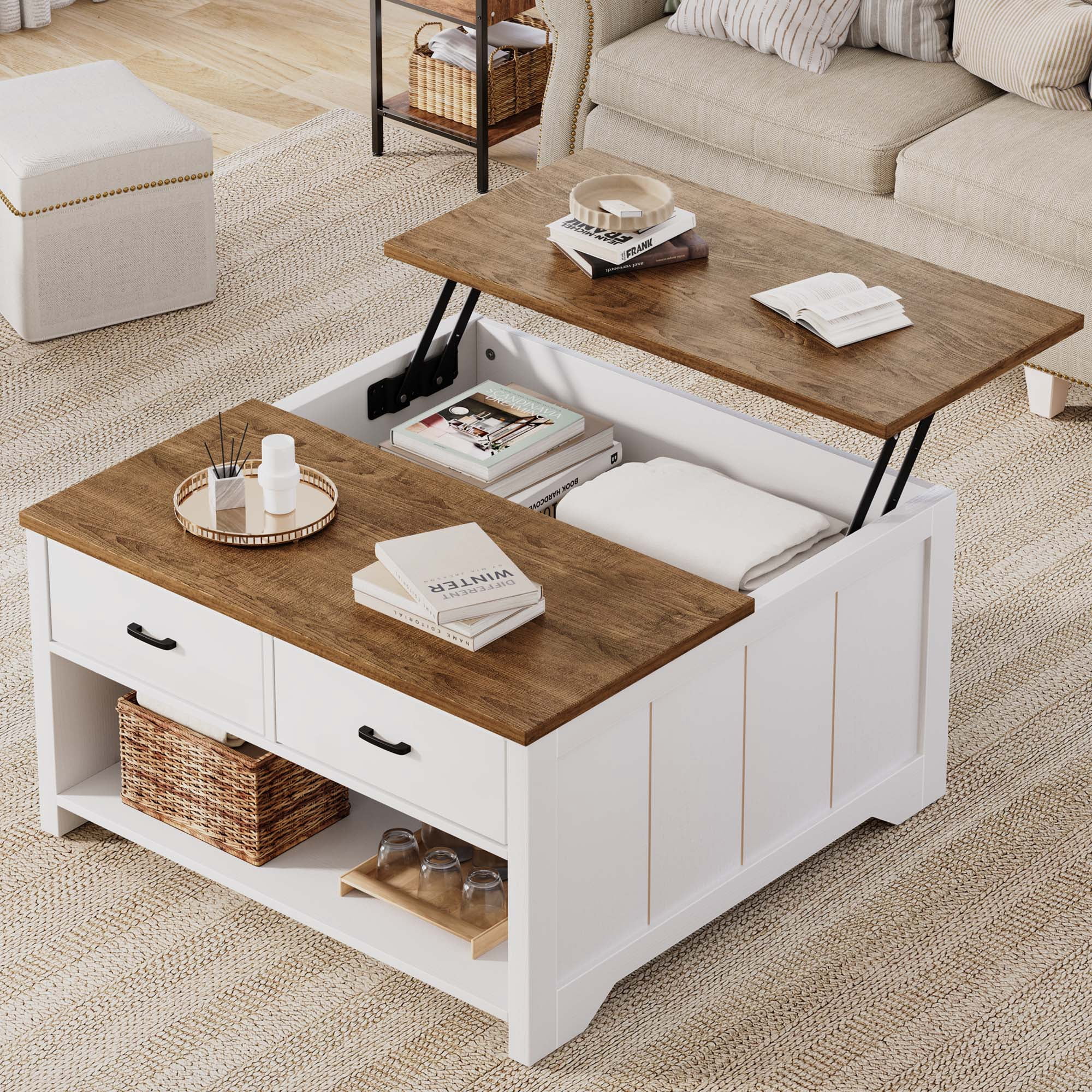 Vividwood Coffee Table Lift Top, Wood Tea Table with Big Open Storage, Square Coffee Table for Living Room, Farmhouse Coffe Tables Rustic Center Table with 2 Drawers, Brown White