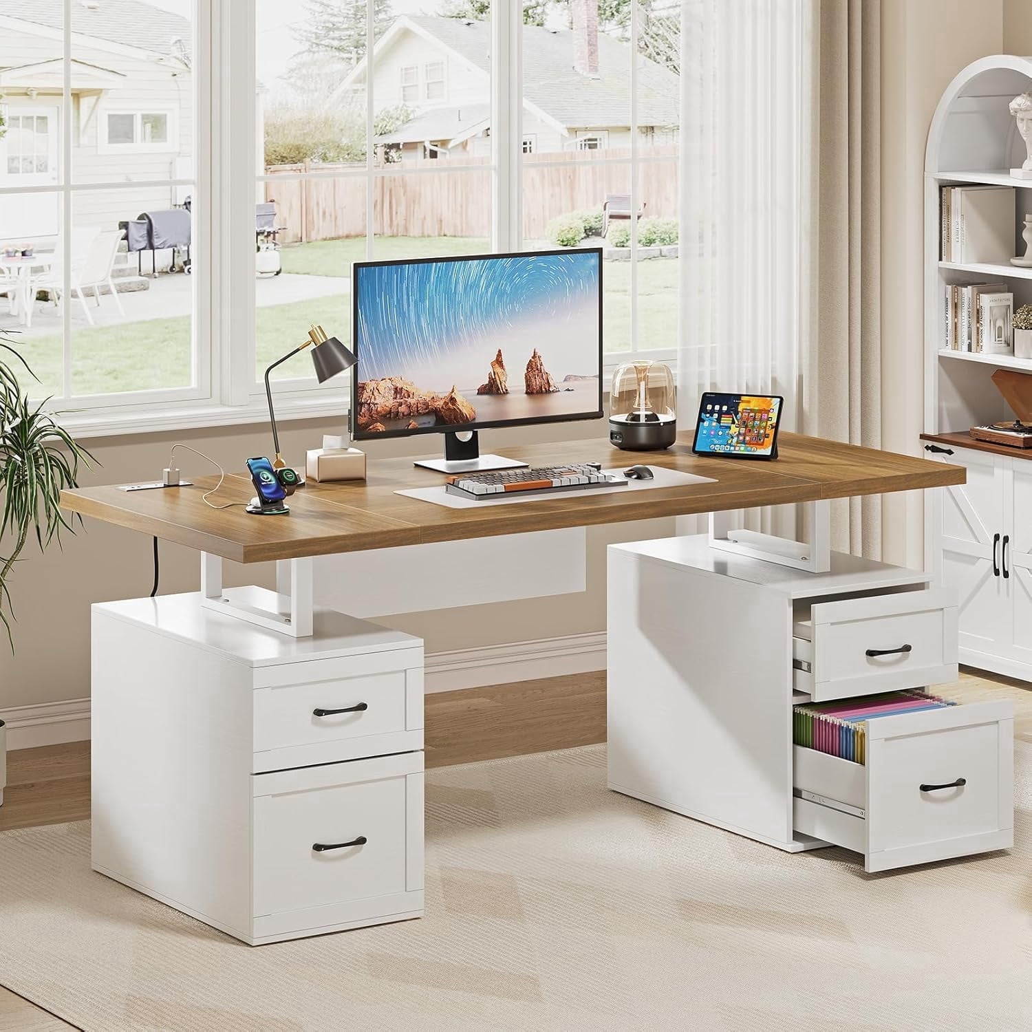 Vividwood Executive Desk — 70'' Home Office Computer Desk with Drawers, Desk with Adjustable File Drawer, Privacy Panel, Built-in Power Outlets