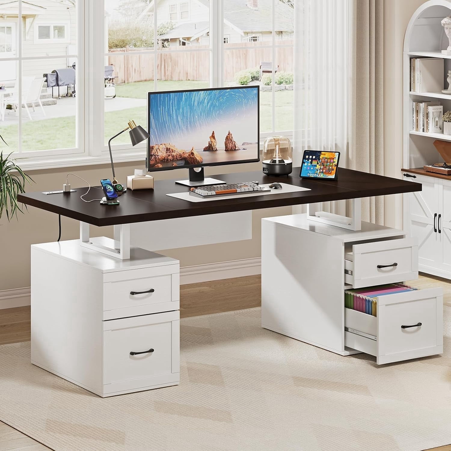Vividwood Executive Desk — 70'' Home Office Computer Desk with Drawers, Desk with Adjustable File Drawer, Privacy Panel, Built-in Power Outlets