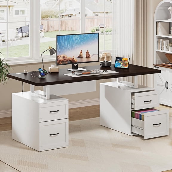 Vividwood Executive Desk — 70'' Home Office Computer Desk with Drawers, Desk with Adjustable File Drawer, Privacy Panel, Built-in Power Outlets