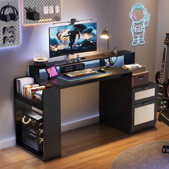 Vividwood Farmhouse Computer Desk with Drawers and Power Outlets, 60” Home Office Desk with Adjustable File Drawer, Cat Scratching Pad, Printer Stand, Shelves & Monitor Riser