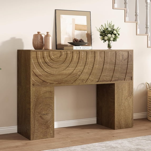 Vividwood Farmhouse Wood Console Table with Unique Carved Design for Entryway (Natural)