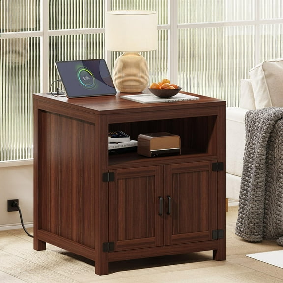 Vividwood Farmhouse End Table with Charging Station, 24" Large Side Table with Open Shelf and Storage Cabinet, Espresso