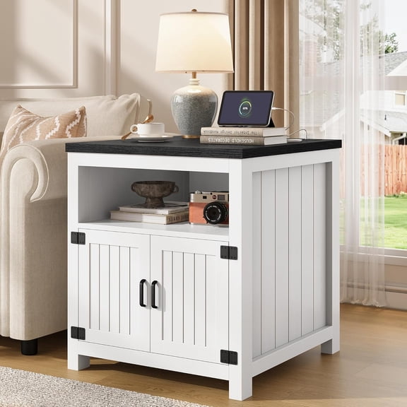 Vividwood Farmhouse End Table with Charging Station, 24" Large Side Table with Open Shelf and Barn Door Storage, White