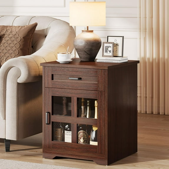 Vividwood Farmhouse End Table with Drawer and Storage Cabinet, 18" Large Side Table Nightstand with Acrylic Door for Living Room, Espresso